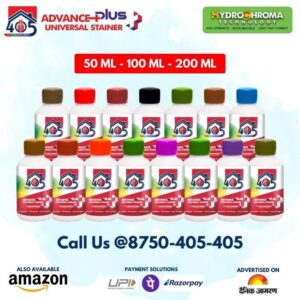 This is an image where we have 15 different colors of universal stainers. There are 15 bottles with 50 ML, 100 ML, and 200 ML bottles. In the top left, there is logo of 405. In the right top, there is hydrochromic technology.