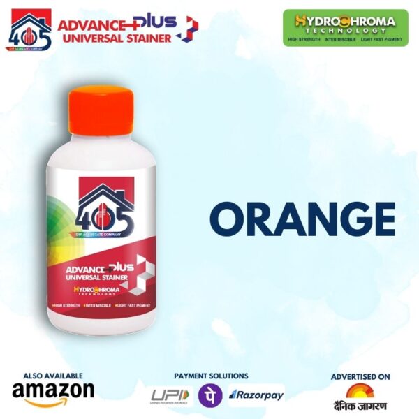 In the left side, we have a bottle with text written in the 405 Advance Plus Universal Stainers Orange